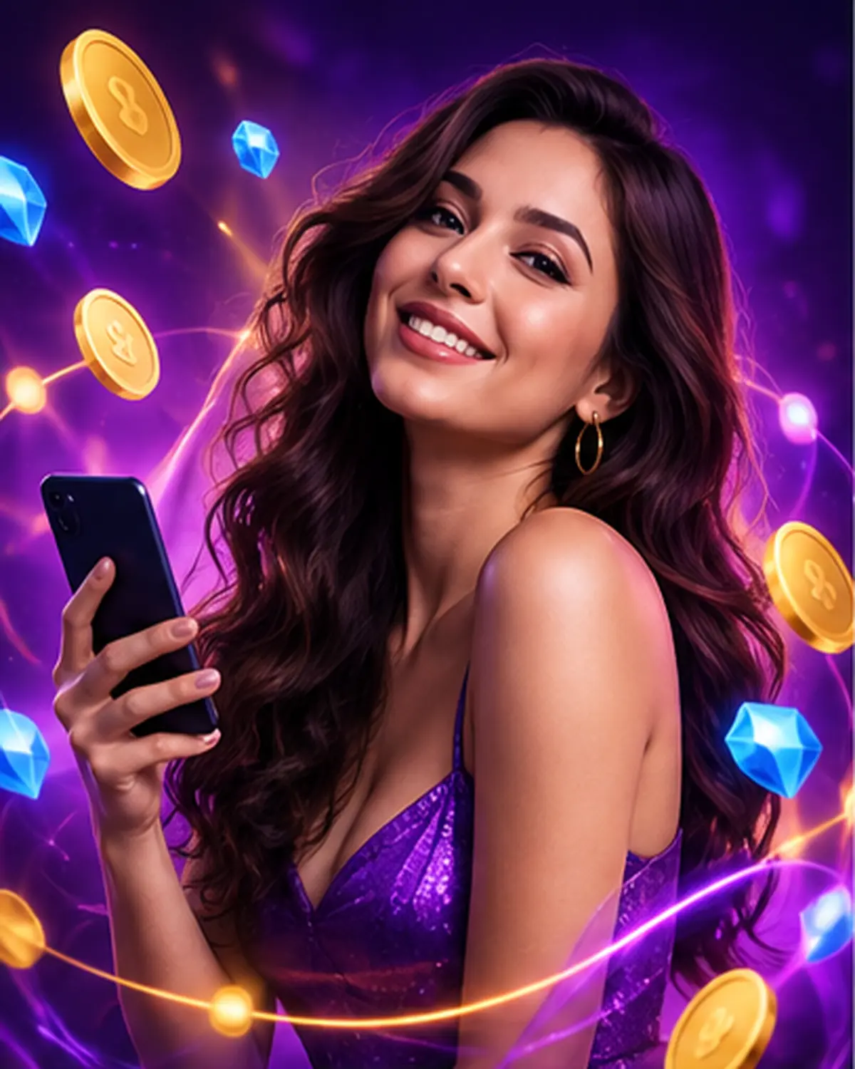 Smiling Chamet host holding a smartphone, surrounded by glowing gold coins and blue gems